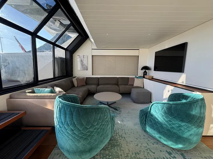  Yacht Photos Pics Luxurious interior of 2022 Bluegame BGX70 yacht with teal chairs and modern decor.