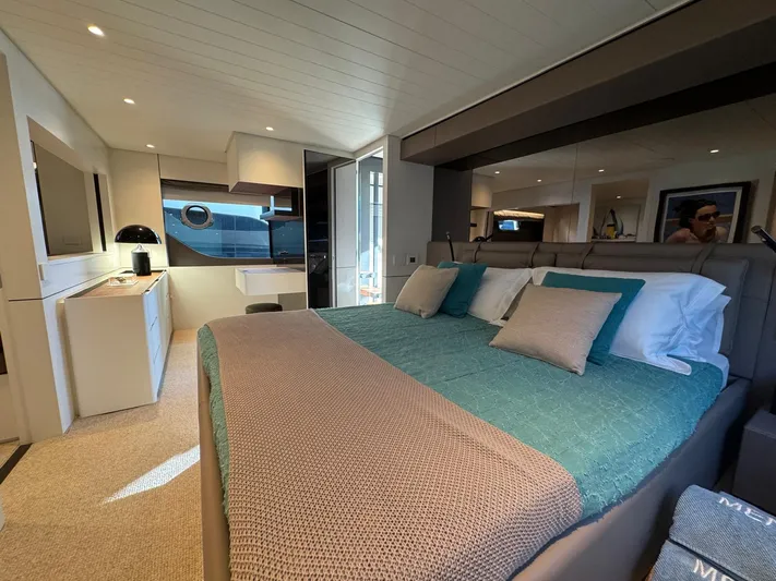  Yacht Photos Pics Luxurious interior of 2022 Bluegame BGX70 yacht with modern bedroom design.