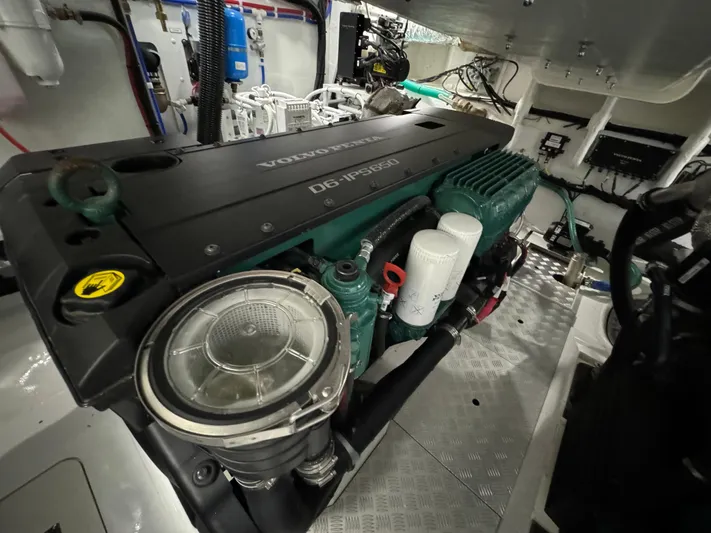  Yacht Photos Pics Engine room of 2023 Princess V50 Open yacht, featuring a Volvo Penta engine.