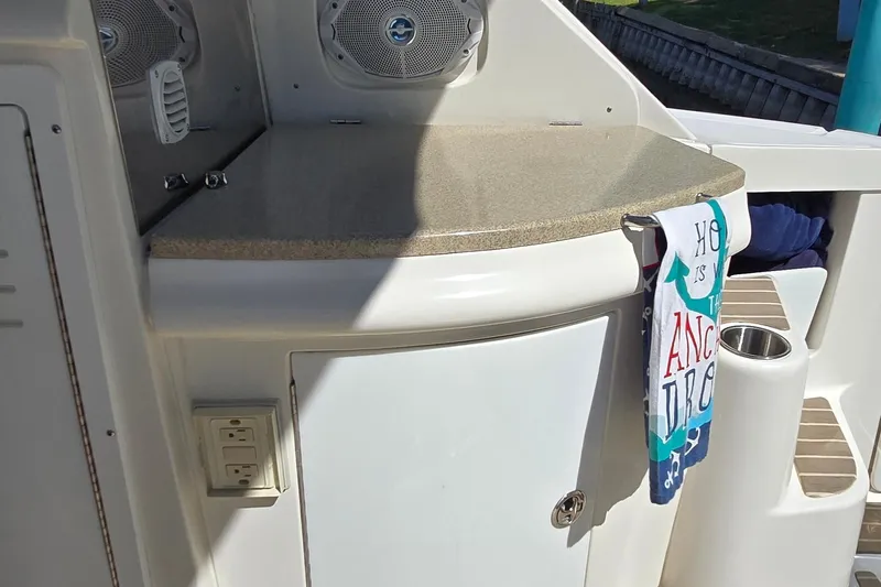  Yacht Photos Pics 2003 Regal Commodore 4260 boat interior with countertop, speakers, and decorative towel.