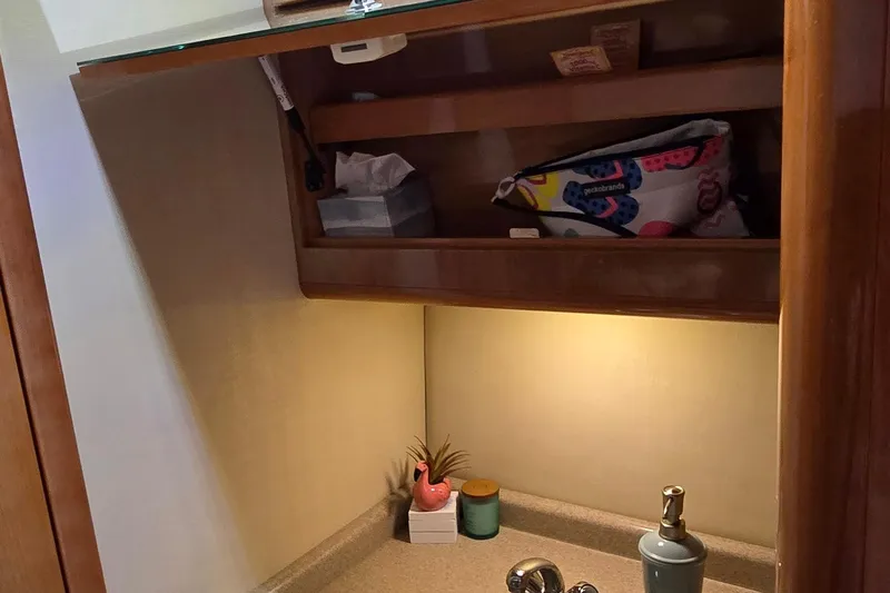  Yacht Photos Pics 2003 Regal Commodore 4260 bathroom with wooden cabinet, sink, and decorative items.