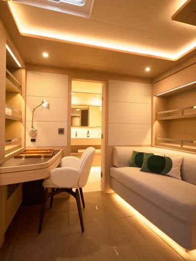 Kajikia Yacht Photos Pics Luxurious interior of 2023 Lagoon 77 yacht with modern furnishings and ambient lighting.