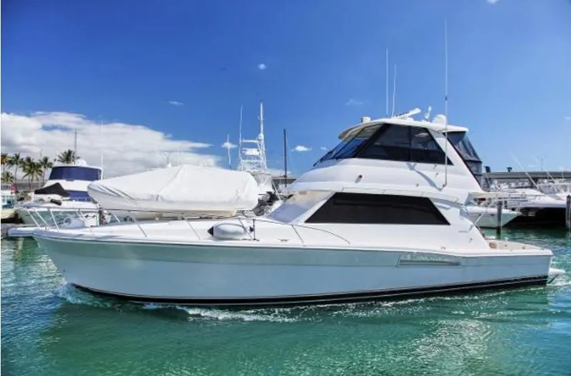  Yacht Photos Pics 2003 Riviera 48 yacht cruising in a marina under a clear blue sky.