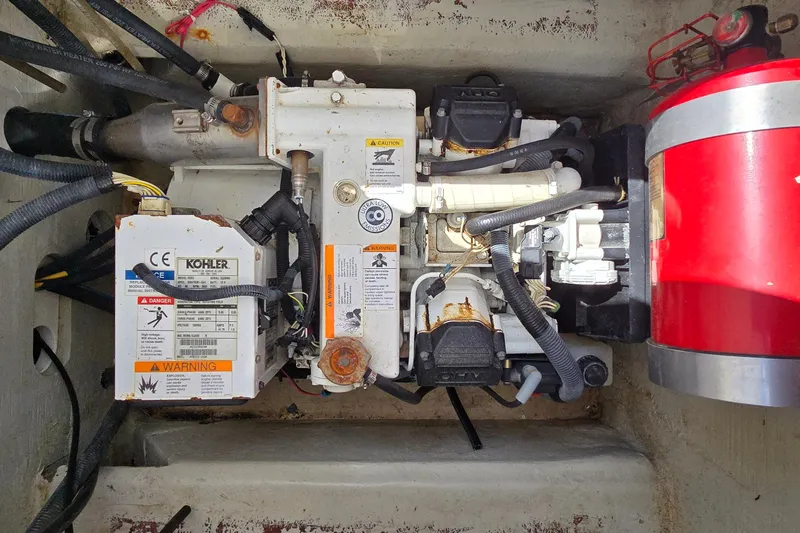  Yacht Photos Pics Engine compartment of a 2011 Cobalt 323 boat with Kohler generator and fire extinguisher.