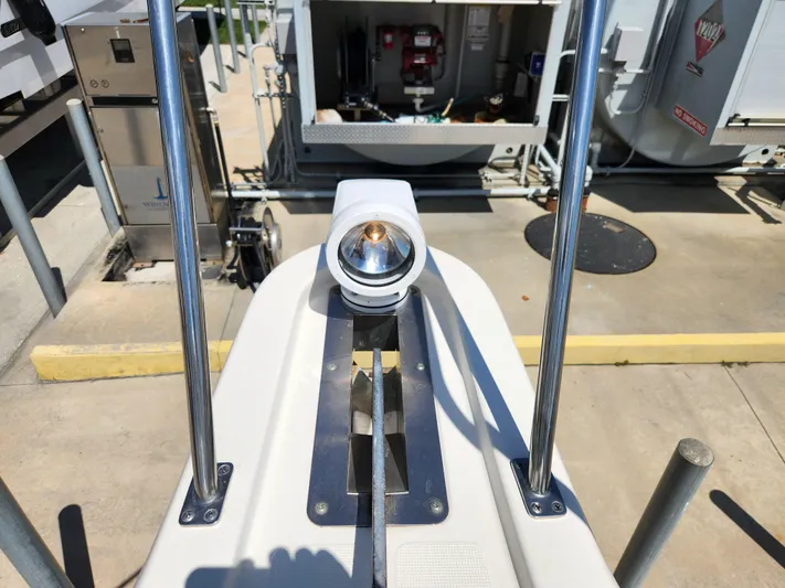 N' Pursuit Yacht Photos Pics 2005 Pursuit 3070 Offshore Center Console spotlight and railing detail at dock.