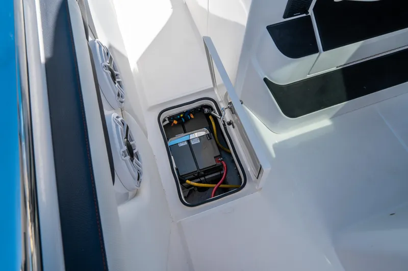  Yacht Photos Pics 2021 Cigarette 59 Tirranna boat battery compartment with open hatch.