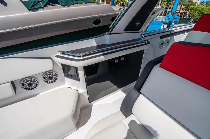  Yacht Photos Pics 2021 Cigarette 59 Tirranna boat interior with sleek seating and modern design elements.