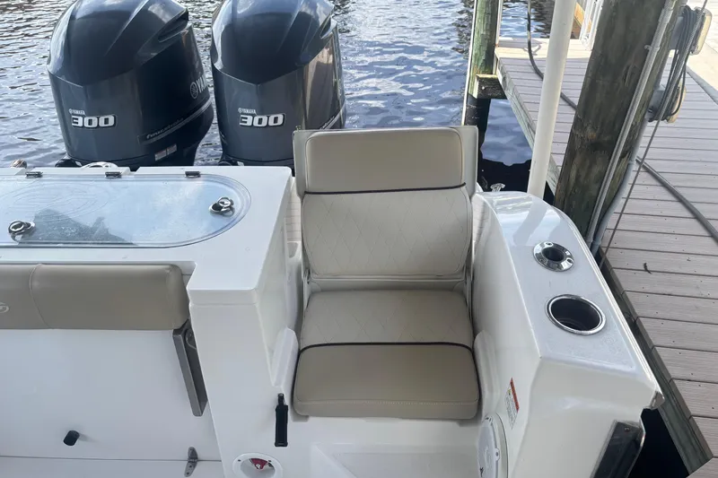 Yacht Photos Pics 2017 Sea Fox 288 Commander boat with twin Yamaha 300 engines and cushioned seating.