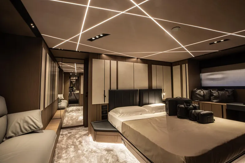  Yacht Photos Pics Luxurious interior of 2025 Pershing GTX 80 yacht with modern design and ambient lighting.
