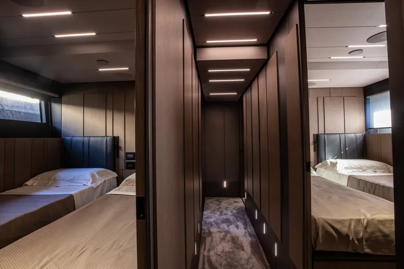  Yacht Photos Pics Luxurious interior cabin of 2025 Pershing GTX 80 yacht with modern design and ambient lighting.