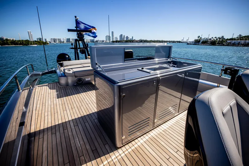  Yacht Photos Pics Luxury deck of 2025 Pershing GTX 80 yacht with sleek design and ocean view.