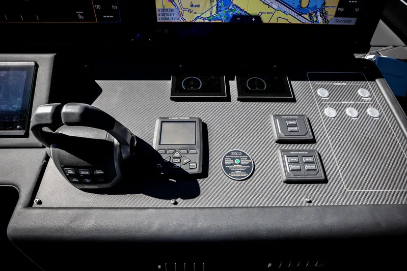  Yacht Photos Pics Control panel of 2025 Pershing GTX 80 yacht with navigation and control systems.