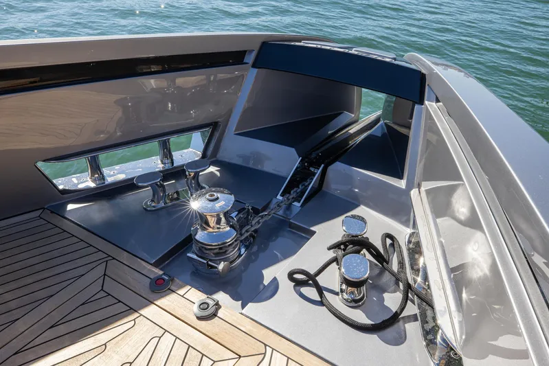  Yacht Photos Pics 2025 Pershing GTX 80 yacht deck with polished chrome fittings and nautical ropes.