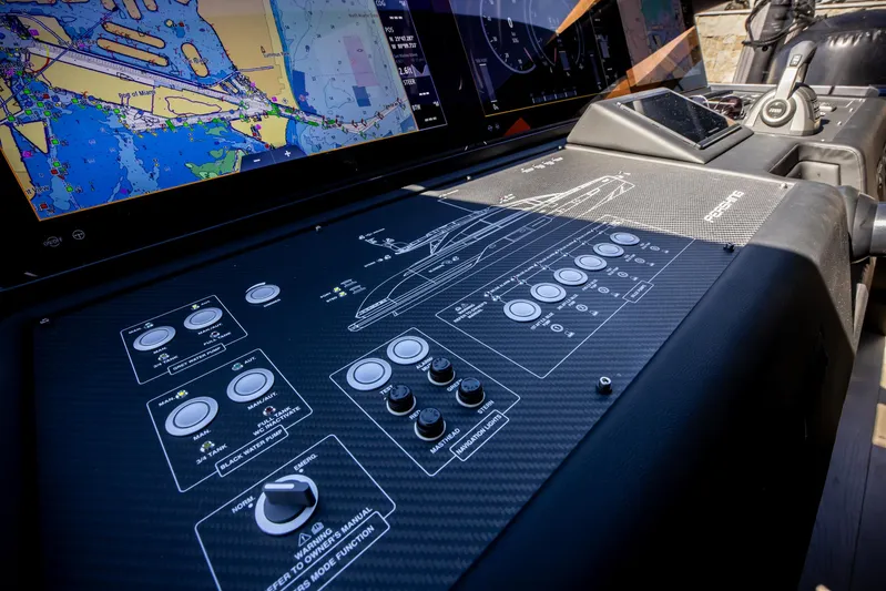  Yacht Photos Pics Control panel of 2025 Pershing GTX 80 yacht with navigation display.