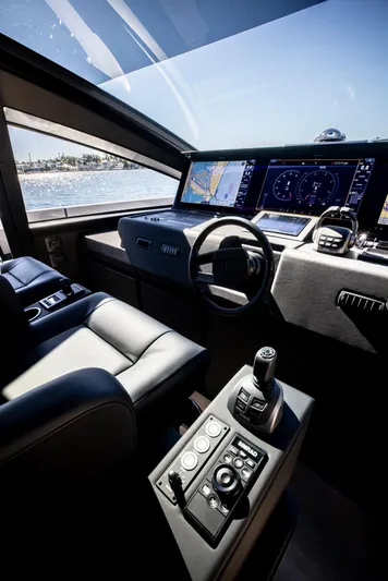  Yacht Photos Pics Interior cockpit of 2025 Pershing GTX 80 yacht with advanced navigation controls.