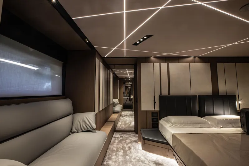  Yacht Photos Pics Luxurious interior of 2025 Pershing GTX 80 yacht with modern design and ambient lighting.
