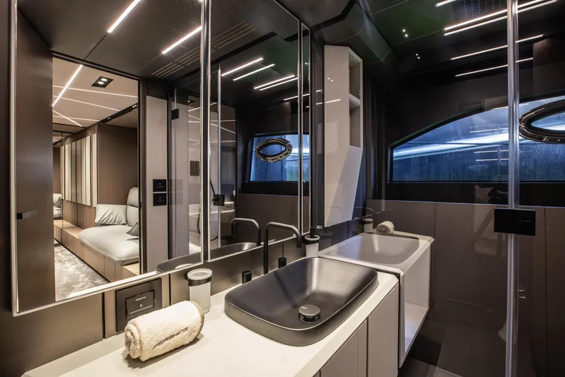  Yacht Photos Pics Luxurious bathroom interior of 2025 Pershing GTX 80 yacht with modern design elements.