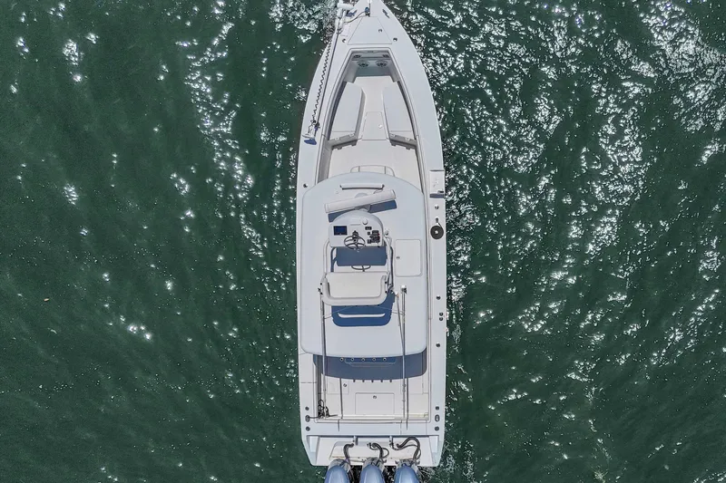  Yacht Photos Pics Overhead view of 2017 Jupiter 34 FS boat on sparkling water.