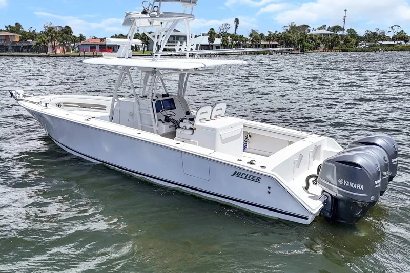  Yacht Photos Pics 2017 Jupiter 34 FS boat with twin Yamaha engines on the water.