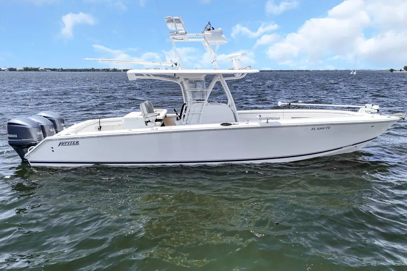  Yacht Photos Pics 2017 Jupiter 34 FS boat on water with twin Yamaha engines.