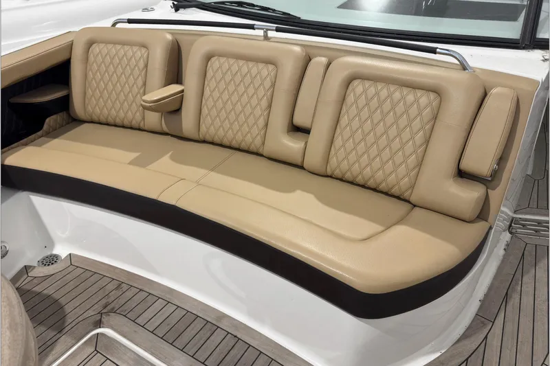  Yacht Photos Pics Luxurious tan seating on 2021 Sea Ray SLX 400 boat with diamond stitching.