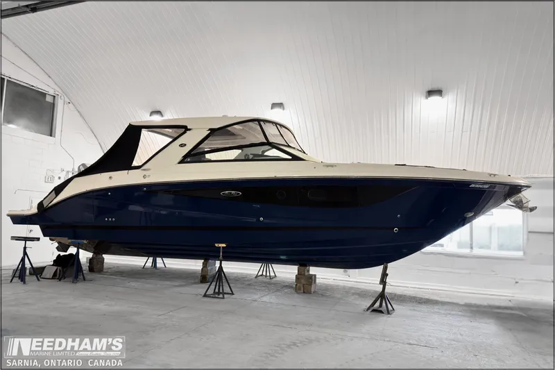  Yacht Photos Pics 2021 Sea Ray SLX 400 boat in indoor storage at Needham's Marine, Sarnia, Ontario.