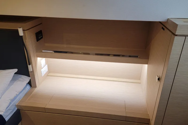 Three Sheets Yacht Photos Pics Interior cabin of 2019 Fountaine Pajot Saona 47 yacht with modern wood finish.