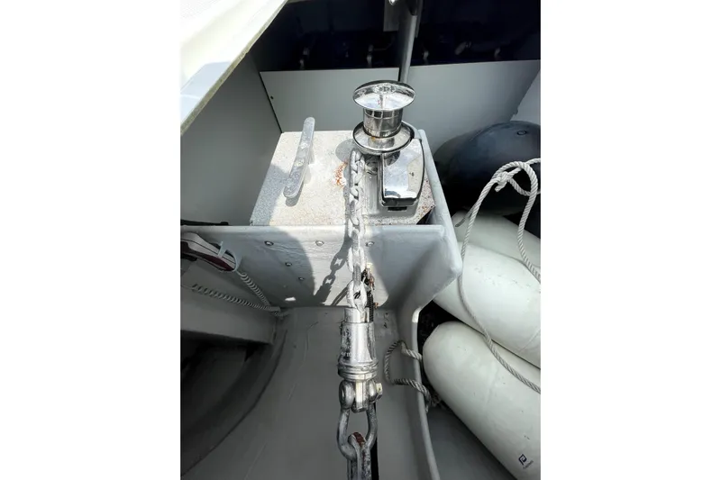 Three Sheets Yacht Photos Pics Anchor chain and winch on 2019 Fountaine Pajot Saona 47 catamaran deck.