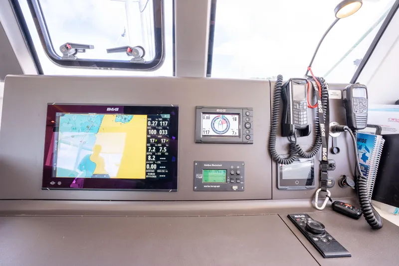 Inky Blue Yacht Photos Pics Outremer 51 yacht cockpit with navigation equipment and communication devices, 2020 model.