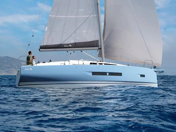 Yacht Photos Pics 2025 Hanse 360 sailboat navigating open sea under clear blue skies.