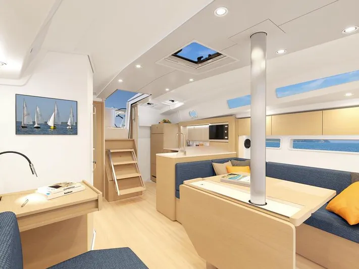  Yacht Photos Pics Modern interior of 2025 Hanse 360 yacht with sleek design and cozy seating.