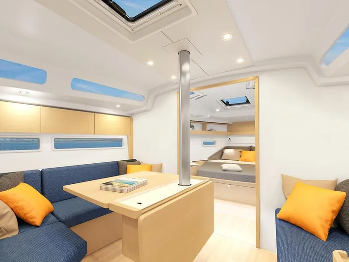  Yacht Photos Pics Modern interior of 2025 Hanse 360 yacht with cozy seating and skylights.
