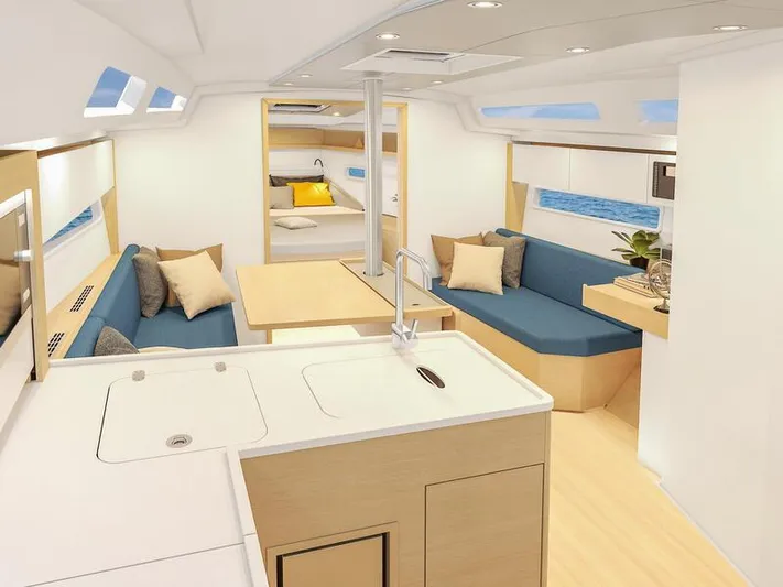  Yacht Photos Pics Modern interior of 2025 Hanse 360 yacht with sleek design and comfortable seating.