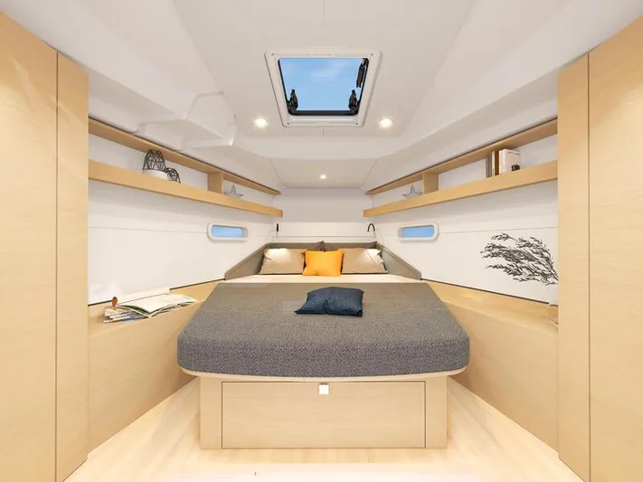  Yacht Photos Pics Luxurious interior of 2025 Hanse 360 yacht with modern design and cozy bedding.