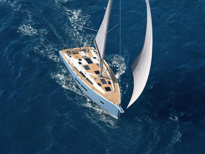  Yacht Photos Pics 2025 Hanse 360 yacht sailing on open blue ocean waters.