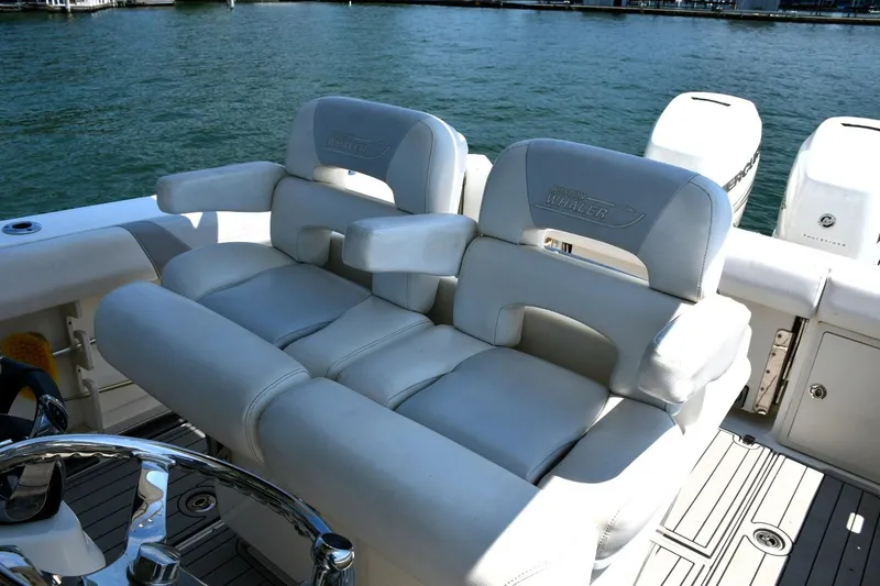 Yacht Photos Pics Luxury seating on 2016 Boston Whaler 280 Outrage boat, with dual outboard engines.