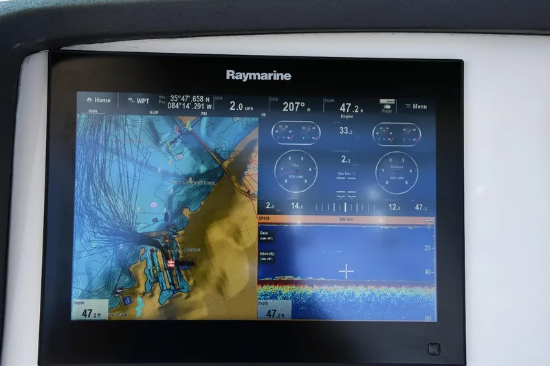  Yacht Photos Pics Raymarine navigation display on 2016 Boston Whaler 280 Outrage, showing map and engine data.