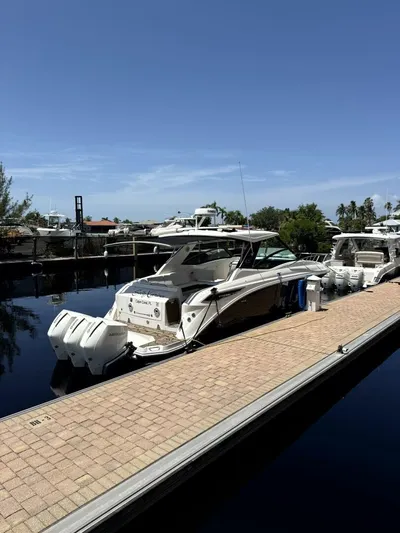 Salty Xperience Yacht Photos Pics 2020 Sea Ray 320 Sundancer OB Coupe docked at marina under clear blue sky.