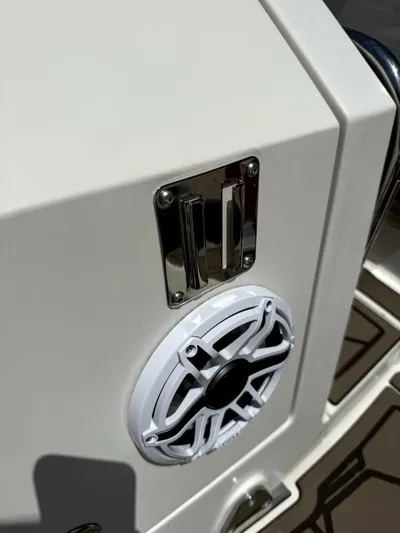 Salty Xperience Yacht Photos Pics Close-up of a 2020 Sea Ray 320 Sundancer OB Coupe speaker and metal fixture.