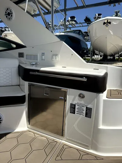 Salty Xperience Yacht Photos Pics 2020 Sea Ray 320 Sundancer OB Coupe interior with seating and storage.
