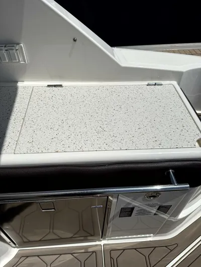 Salty Xperience Yacht Photos Pics 2020 Sea Ray 320 Sundancer OB Coupe interior detail with speckled countertop and stainless steel accents.