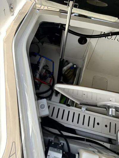 Salty Xperience Yacht Photos Pics Interior view of 2020 Sea Ray 320 Sundancer OB Coupe boat compartment.