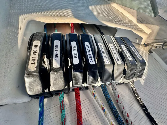  Yacht Photos Pics Sailing controls on a 1991 Beneteau 45 First yacht, labeled for various functions.