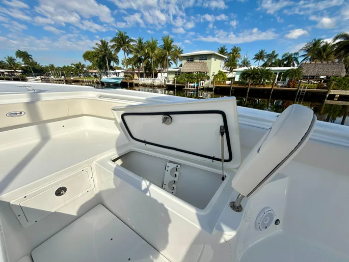  Yacht Photos Pics 2024 Sea Hunt Ultra 275 SE boat with open storage compartment, docked near palm trees.
