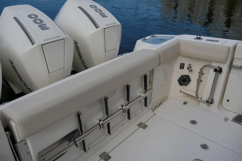 Yacht Photos Pics Boston Whaler 350 Realm 2020 boat deck with twin Mercury outboard engines.