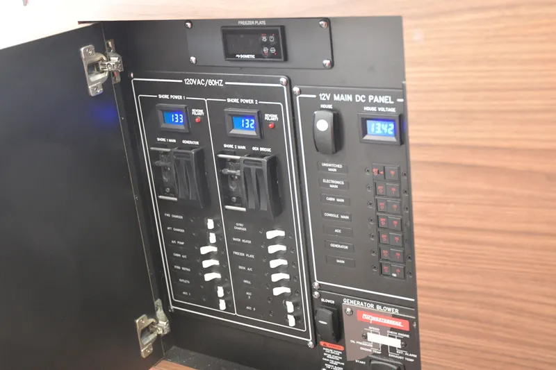  Yacht Photos Pics Electrical panel of 2020 Boston Whaler 350 Realm boat, showing voltage and circuit controls.