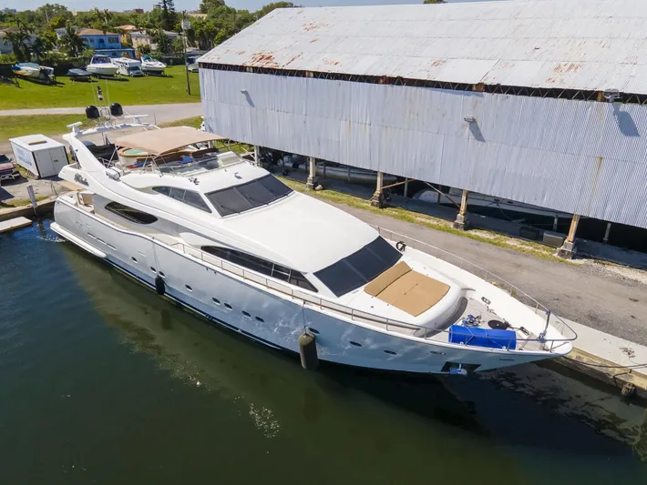 Paladin Yacht Photos Pics Luxury Ferretti Yachts Custom Line 94, 2000 model, docked at marina.