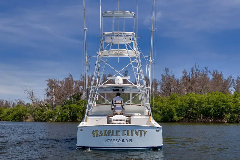 Sparkle Plenty Yacht Photos Pics 2009 Gamefisherman Express boat on water, lush greenery in background, clear blue sky.