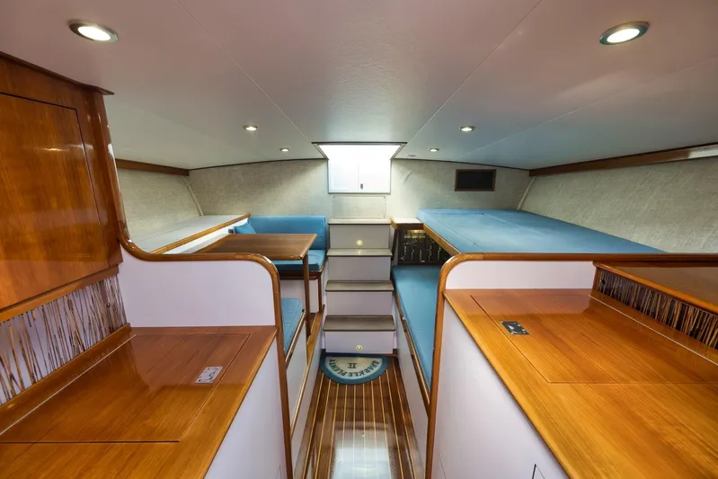 Sparkle Plenty Yacht Photos Pics Luxurious 2009 Gamefisherman Express interior with wood finishes and blue seating.