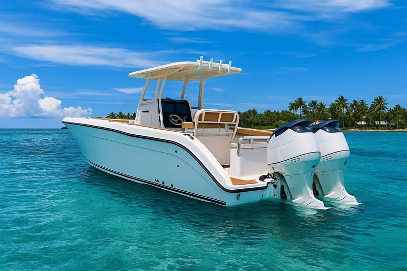  Yacht Photos Pics 2019 Century 3200 Center Console boat on clear turquoise water, tropical backdrop.
